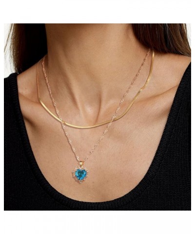 Love Heart Pendant Necklace Birthdaystone Charm Pendant Necklace Layered Chain Heart Crystal Necklace for Women Girls Blue He...