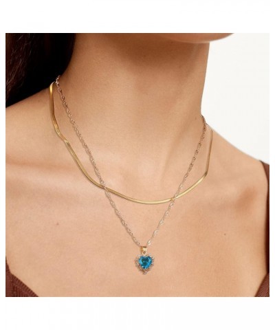 Love Heart Pendant Necklace Birthdaystone Charm Pendant Necklace Layered Chain Heart Crystal Necklace for Women Girls Blue He...