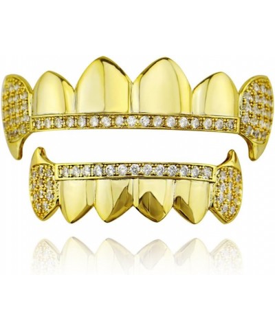 18K Gold Plated Hip Hop Teeth Grillz Caps Iced Out CZ Top and Bottom Vampire Fangs Grillz with Diamonds for Your Teeth Golden...