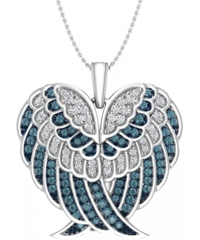 1/2 Carat Blue and White Diamond Angel Wings in Heart Shaped Necklace in 925 Sterling Silver or 18K Yellow Gold over Sterling...