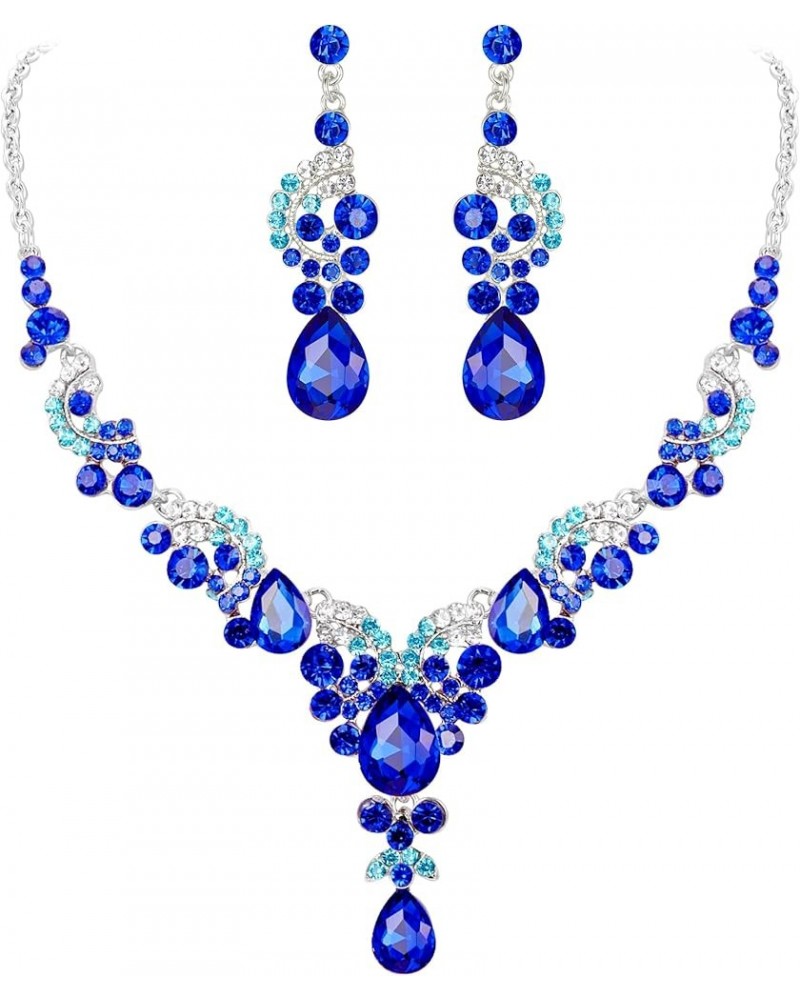 Rhinestone Crystal Bridal Floral Wave Teardrop Necklace Earrings Set 8_Royal Blue Silver-Tone $14.39 Jewelry Sets