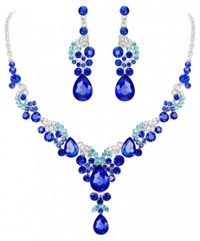 Rhinestone Crystal Bridal Floral Wave Teardrop Necklace Earrings Set 8_Royal Blue Silver-Tone $14.39 Jewelry Sets