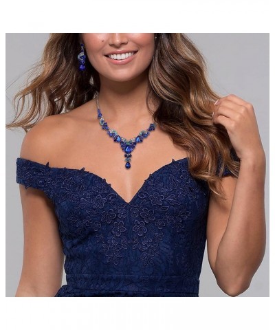 Rhinestone Crystal Bridal Floral Wave Teardrop Necklace Earrings Set 8_Royal Blue Silver-Tone $14.39 Jewelry Sets