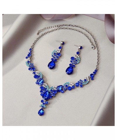 Rhinestone Crystal Bridal Floral Wave Teardrop Necklace Earrings Set 8_Royal Blue Silver-Tone $14.39 Jewelry Sets