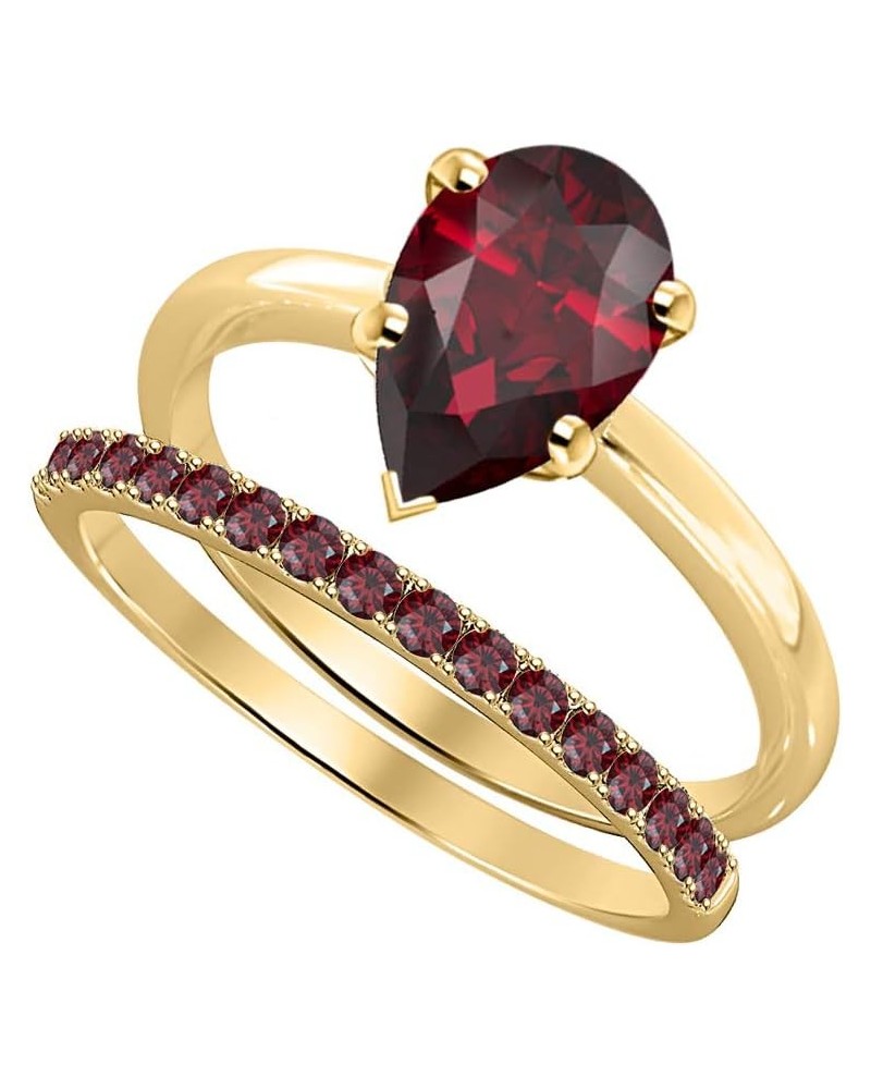 Solitaire Pear Shape Created Red Garnet Wedding Band Engagement Bridal Ring Set for Women 18k Gold Over .925 Sterling Silver ...