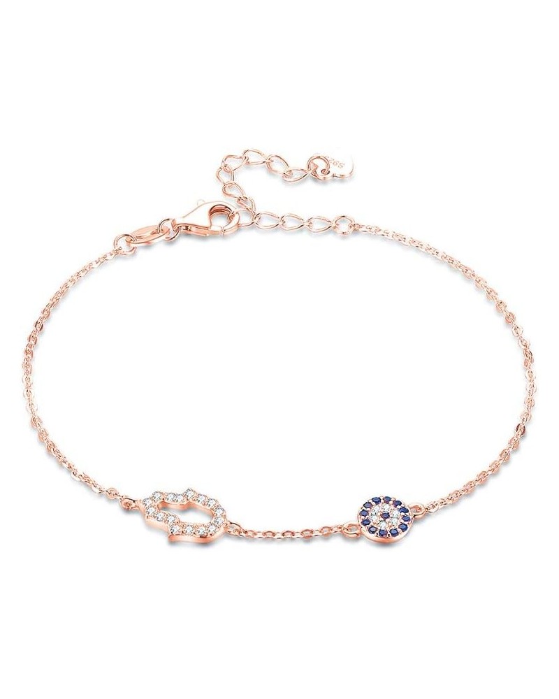 Hamsa Hand of Fatima Evil Eye Bracelet Sterling Silver 925 Blue Cubic Zirconia Chain Adjustable 6.5"+1.5 Rose Gold $12.41 Bra...