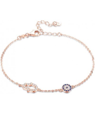 Hamsa Hand of Fatima Evil Eye Bracelet Sterling Silver 925 Blue Cubic Zirconia Chain Adjustable 6.5"+1.5 Rose Gold $12.41 Bra...