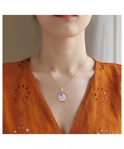 Gold Pressed Flower Necklace Dried Flower Round Pendant Necklace Cute Flower Jewelry Gifts for Women Purple Pressed Flower Ne...