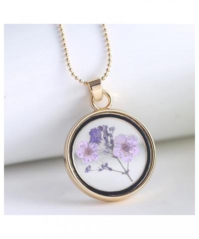 Gold Pressed Flower Necklace Dried Flower Round Pendant Necklace Cute Flower Jewelry Gifts for Women Purple Pressed Flower Ne...