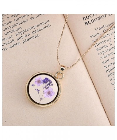 Gold Pressed Flower Necklace Dried Flower Round Pendant Necklace Cute Flower Jewelry Gifts for Women Purple Pressed Flower Ne...