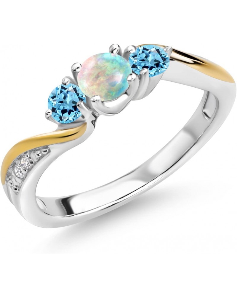 925 Silver and 10K Yellow Gold White Simulated Opal Swiss Blue Topaz and White Lab Grown Diamond 3 Stone Engagement Ring For ...