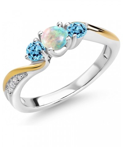 925 Silver and 10K Yellow Gold White Simulated Opal Swiss Blue Topaz and White Lab Grown Diamond 3 Stone Engagement Ring For ...