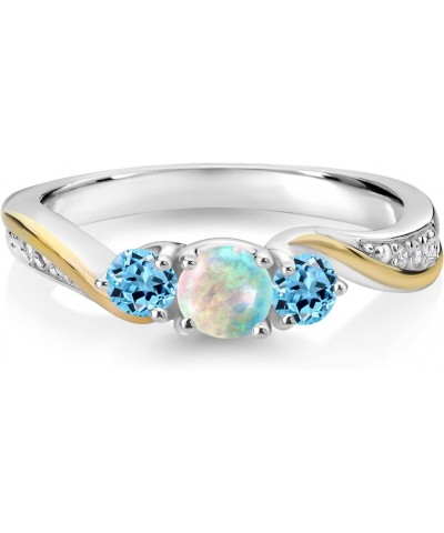 925 Silver and 10K Yellow Gold White Simulated Opal Swiss Blue Topaz and White Lab Grown Diamond 3 Stone Engagement Ring For ...