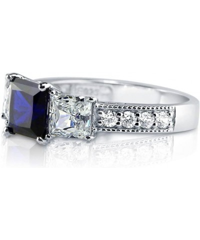 Sterling Silver 3-Stone Wedding Engagement Rings Simulated Blue Sapphire Princess Cut Cubic Zirconia CZ Anniversary Promise R...