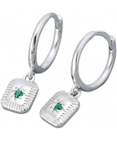 Vintage Square Drop Dangle Small Hoop Earrings for Women Girls 925 Sterling Silver Green CZ Star Charms Drop Dangling Huggie ...