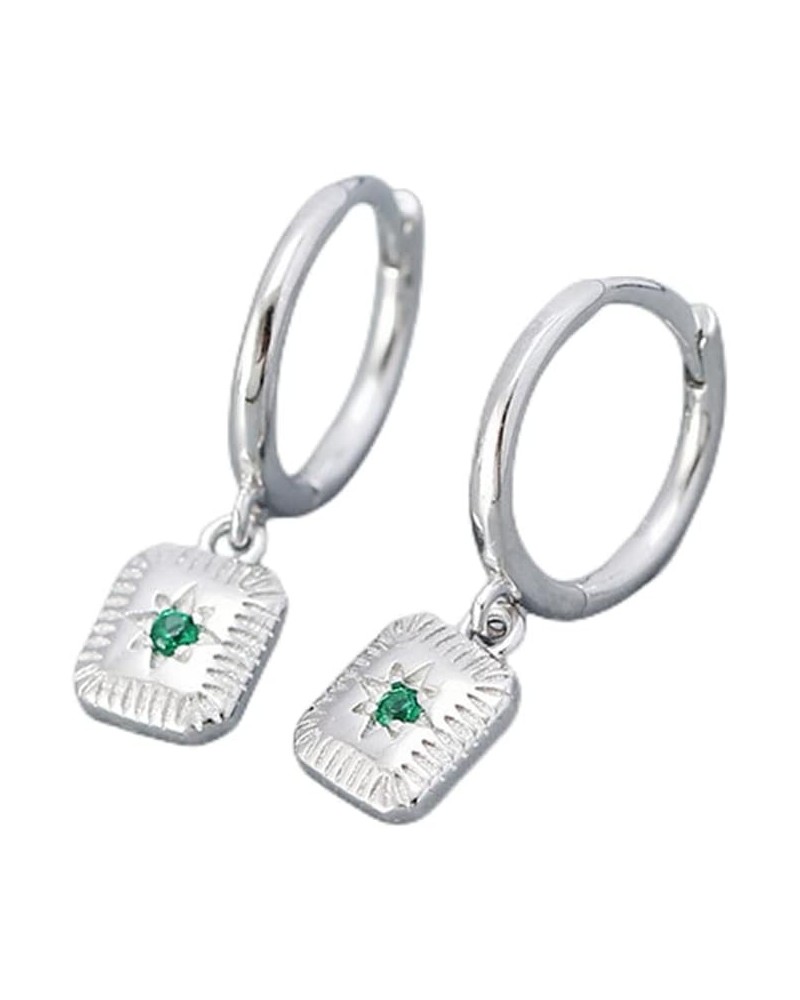 Vintage Square Drop Dangle Small Hoop Earrings for Women Girls 925 Sterling Silver Green CZ Star Charms Drop Dangling Huggie ...