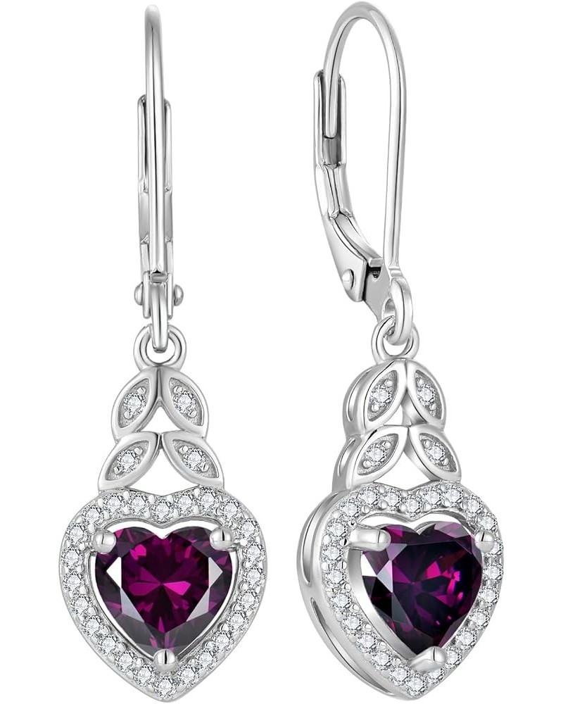 Heart Birthstone Earrings 925 Sterling Silver Leaf Leverback Dangle Drop Earrings with 5A Cubic Zirconia For Women Anniversar...