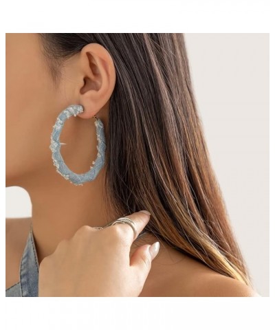 Vintage Bohemian Denim Hoop Earrings Large Circle Printed Earrings Statement Earrings Women'S Jewelry One Size Denim Blue Sma...