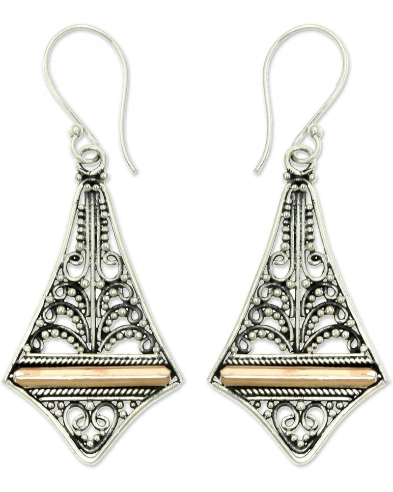 Handmade .925 Sterling Silver Gold Accented Dangle Earrings Balinese No Stone Indonesia [1.8 in L x 0.8 in W x 0 in D] 'Kuta ...