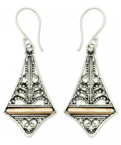 Handmade .925 Sterling Silver Gold Accented Dangle Earrings Balinese No Stone Indonesia [1.8 in L x 0.8 in W x 0 in D] 'Kuta ...