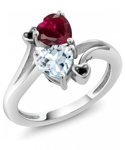 925 Sterling Silver Red Created Ruby Sky Blue Aquamarine and Black Diamond Ring For Women (1.73 Cttw, Heart Shape 6MM, Gemsto...