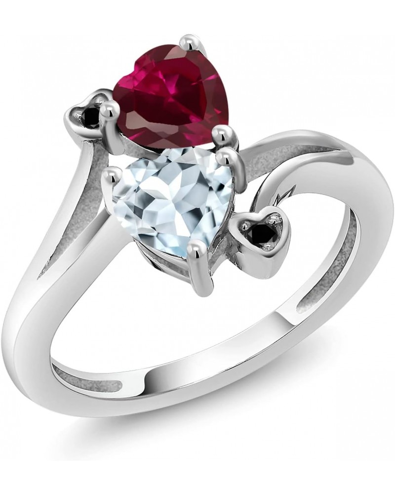 925 Sterling Silver Red Created Ruby Sky Blue Aquamarine and Black Diamond Ring For Women (1.73 Cttw, Heart Shape 6MM, Gemsto...