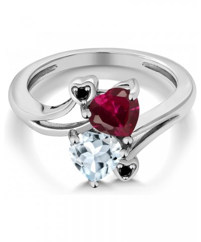 925 Sterling Silver Red Created Ruby Sky Blue Aquamarine and Black Diamond Ring For Women (1.73 Cttw, Heart Shape 6MM, Gemsto...