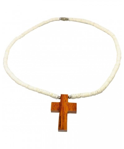 Hawaiian Jewelry Hand Carved Wood Cross with Smooth Heishi Puka Shells Necklace $9.82 Necklaces