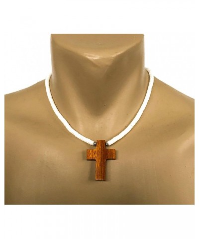 Hawaiian Jewelry Hand Carved Wood Cross with Smooth Heishi Puka Shells Necklace $9.82 Necklaces