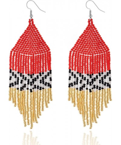 Native Beaded Tassel Earrings Boho - Handmade Seed Bead Statement Fringe Drop Earrings for Women Dangling Classic Red $9.66 E...