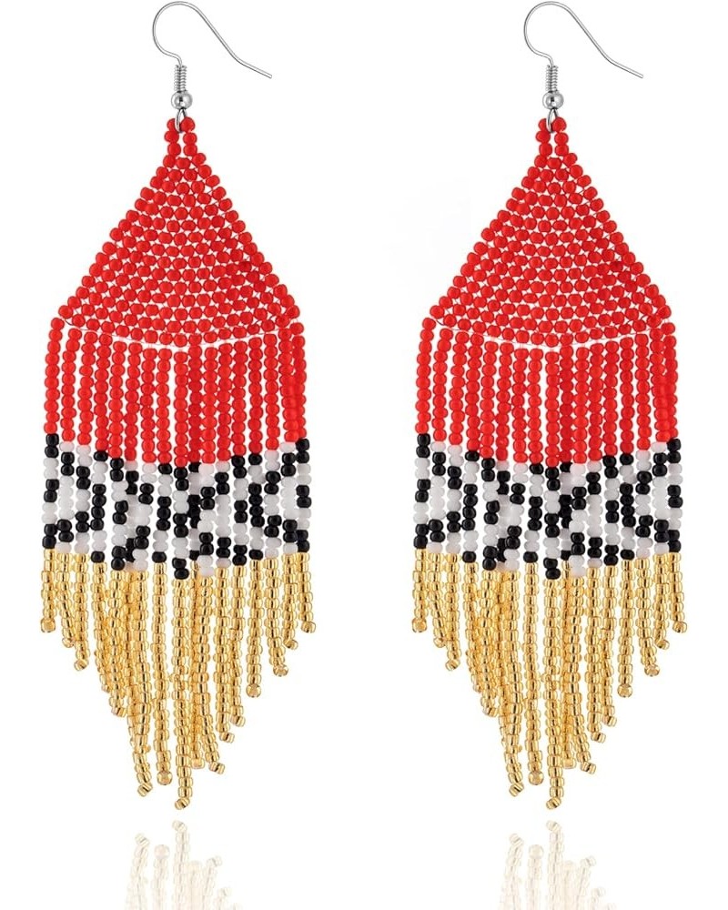 Native Beaded Tassel Earrings Boho - Handmade Seed Bead Statement Fringe Drop Earrings for Women Dangling Classic Red $9.66 E...