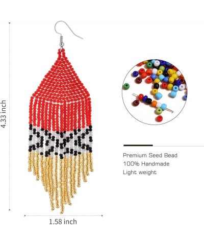 Native Beaded Tassel Earrings Boho - Handmade Seed Bead Statement Fringe Drop Earrings for Women Dangling Classic Red $9.66 E...