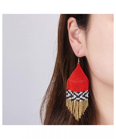 Native Beaded Tassel Earrings Boho - Handmade Seed Bead Statement Fringe Drop Earrings for Women Dangling Classic Red $9.66 E...