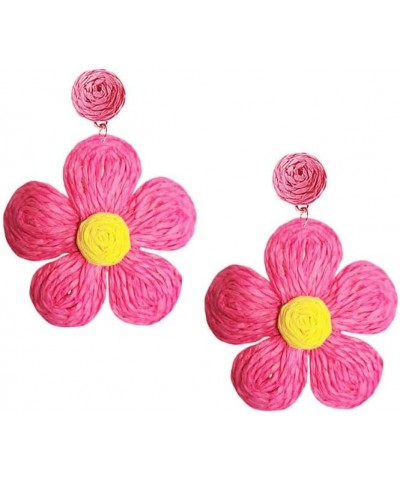 Rattan Flower Drop Earrings for Women Lightweight Handmade Boho Statement Summer Beach Earrings Pink $7.40 Earrings