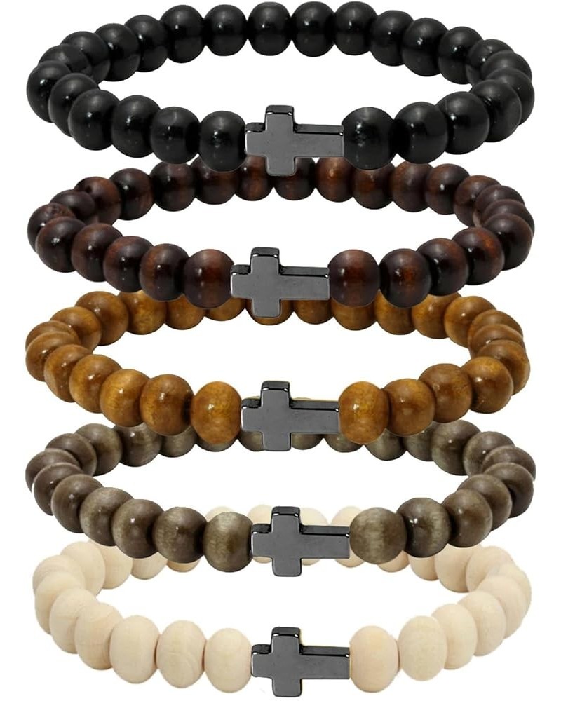 5 Pcs Wooden Beaded Bracelet Bangle for Men and Women Elastic Black Cross $9.00 Bracelets