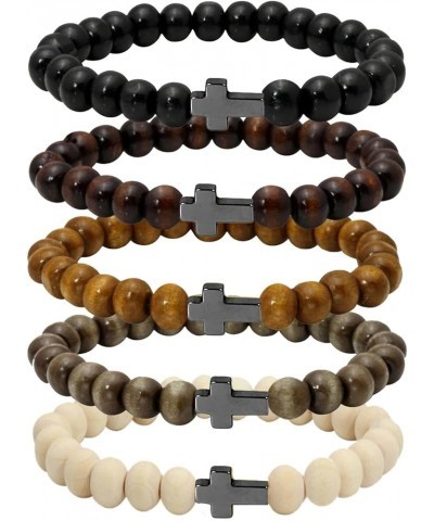 5 Pcs Wooden Beaded Bracelet Bangle for Men and Women Elastic Black Cross $9.00 Bracelets