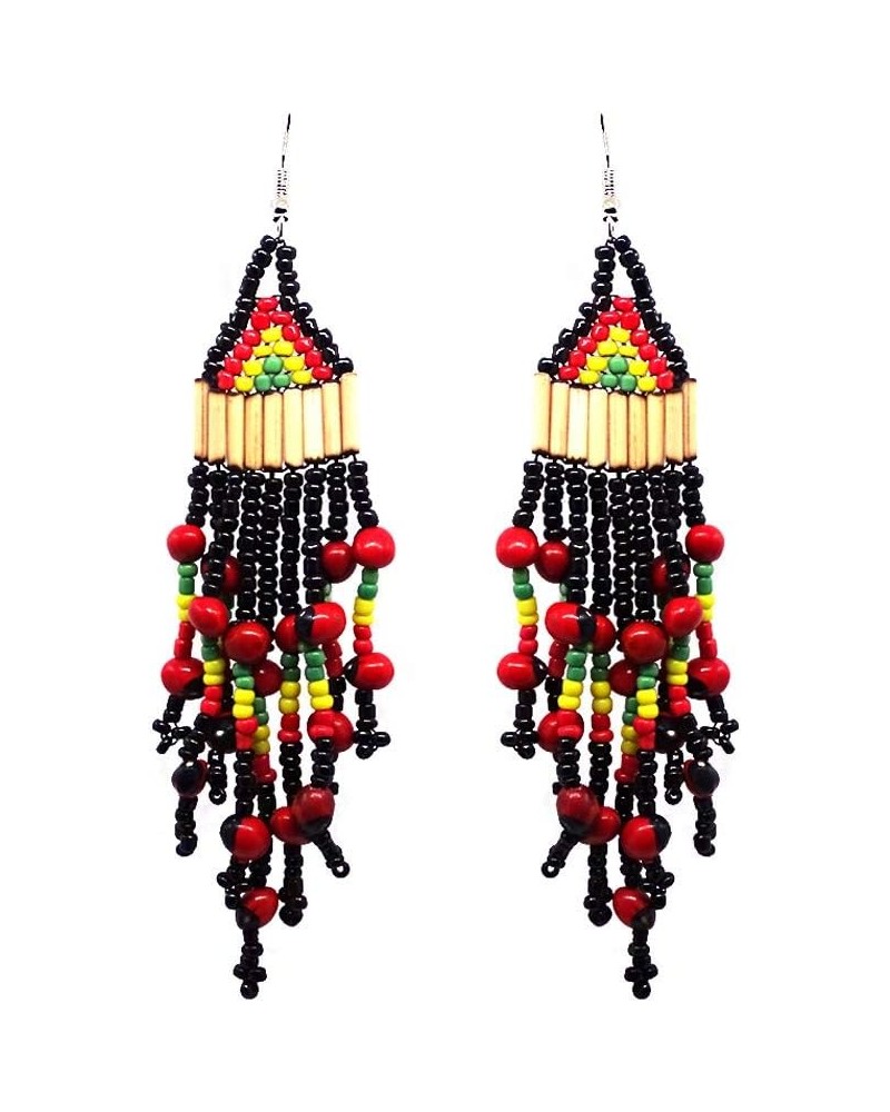 Extra Long Rasta Wooden Bamboo Huayruro Seed Bead Chandelier Fringe Beaded Dangle Earrings - Womens Fashion Handmade Jewelry ...