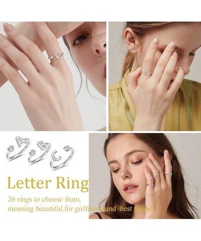 925 Sterling Silver Stackable Initial Letter Ring for Women Adjustable Statement Rings with Zirconia,Open Alphabet A to Z Rin...