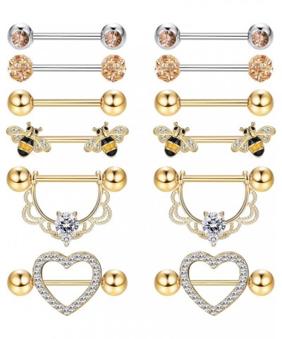 6 Pairs 14G Nipple Rings for Women 316L Stainless Steel Heart Butterfly Moon CZ Flower Barbell Nipple Rings Set Cute Nippleri...