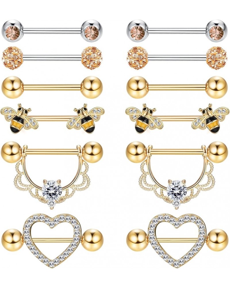 6 Pairs 14G Nipple Rings for Women 316L Stainless Steel Heart Butterfly Moon CZ Flower Barbell Nipple Rings Set Cute Nippleri...