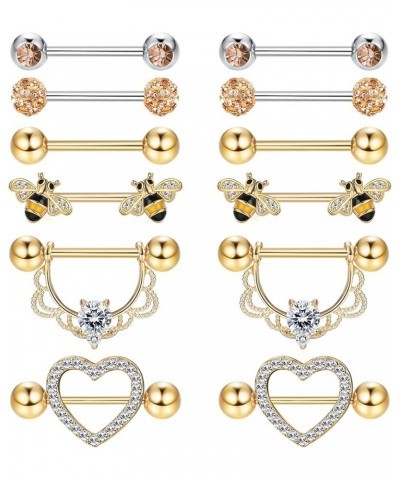 6 Pairs 14G Nipple Rings for Women 316L Stainless Steel Heart Butterfly Moon CZ Flower Barbell Nipple Rings Set Cute Nippleri...