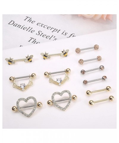 6 Pairs 14G Nipple Rings for Women 316L Stainless Steel Heart Butterfly Moon CZ Flower Barbell Nipple Rings Set Cute Nippleri...